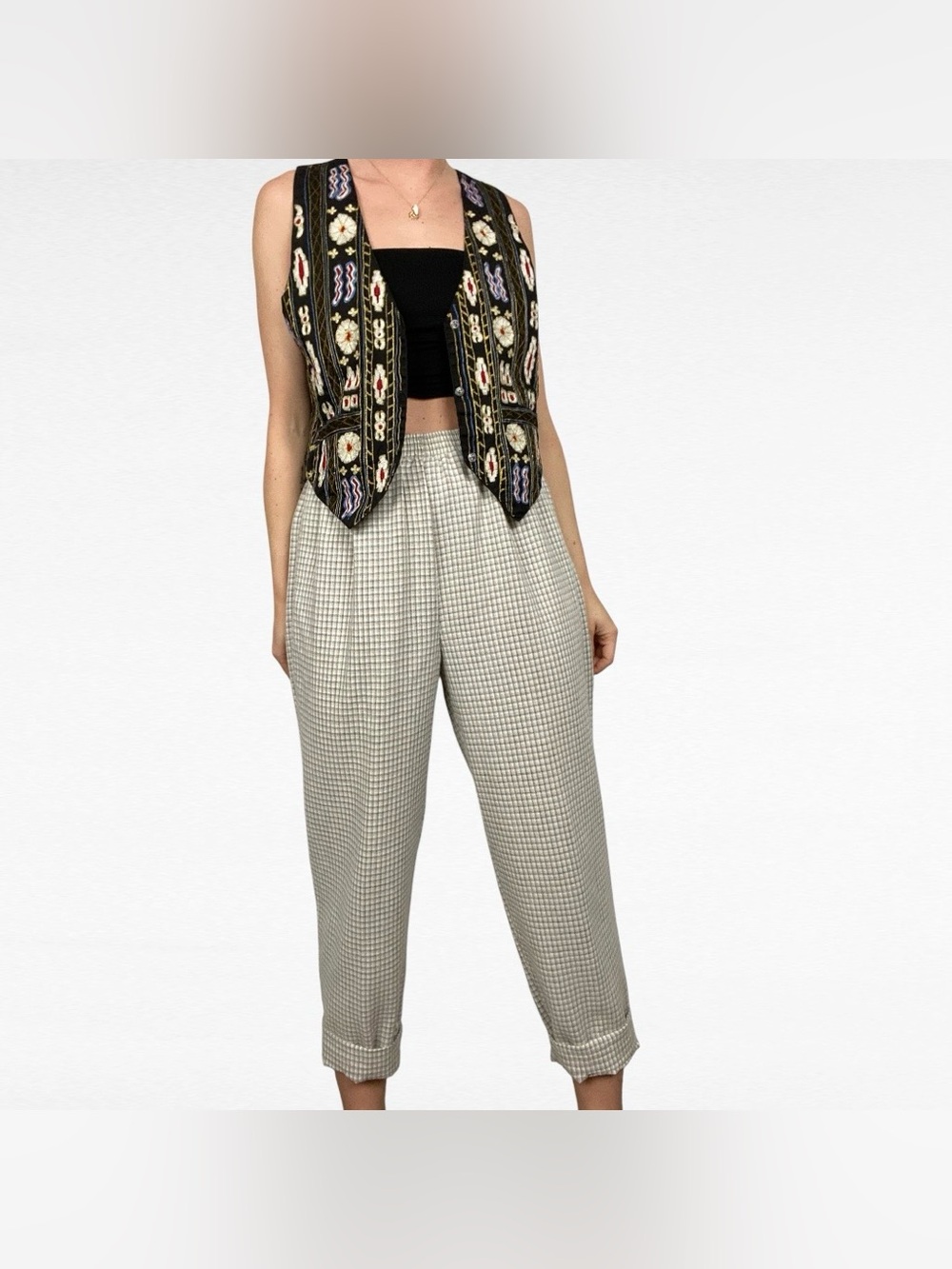 VINTAGE Briggs New York Beige Taupe Micro Plaid High Waist Pull On Flax Pants - Picture 2 of 8
